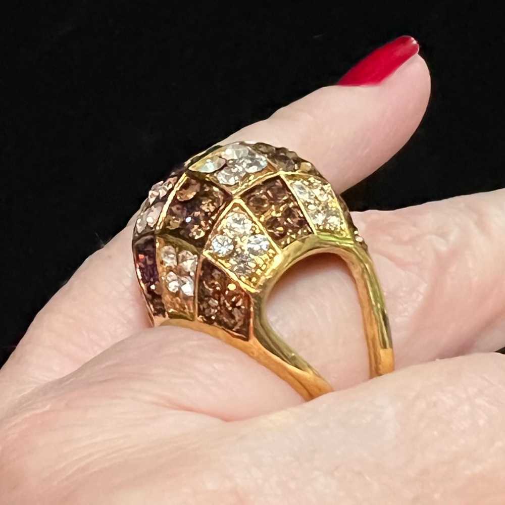 Gold Dome Cocktail Ring with Champagne and Brown Crystals